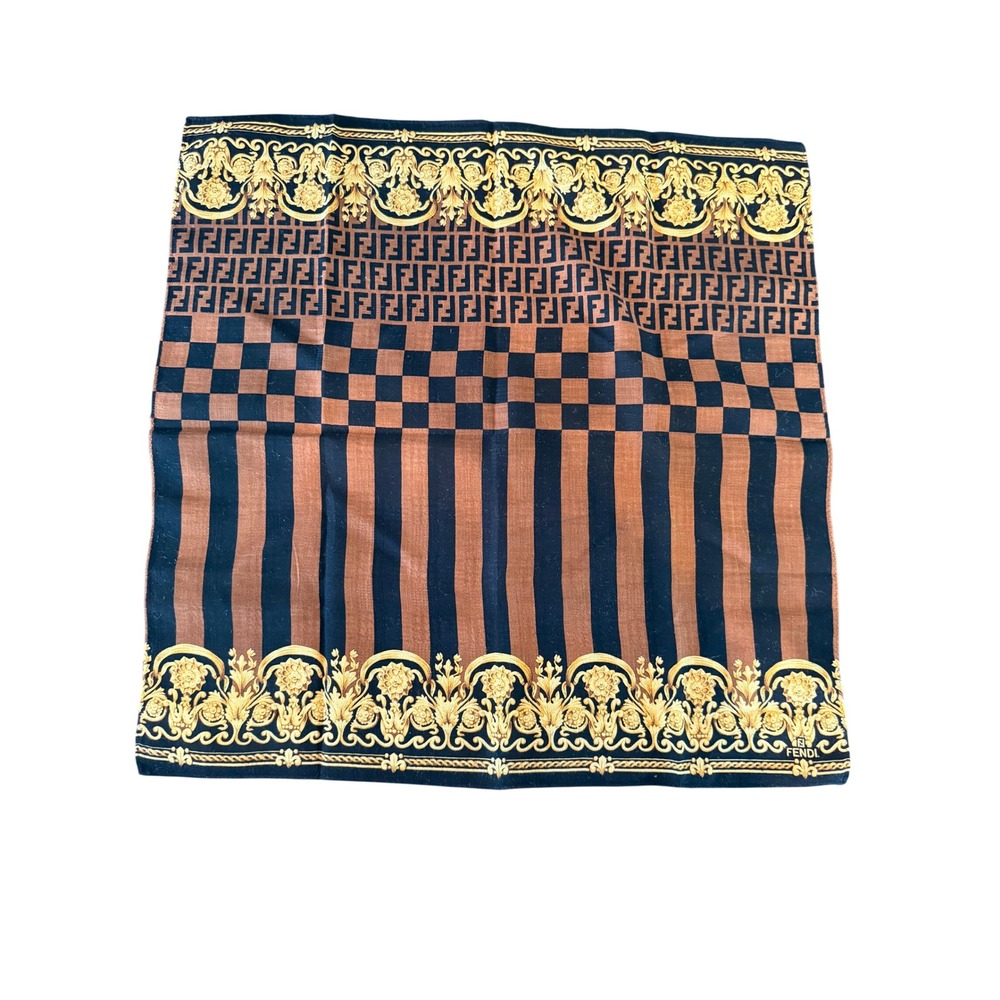 Fendi Vintage Silk Scarf Zucca Monogram Pequin Stripe Gold Baroque Border Brown